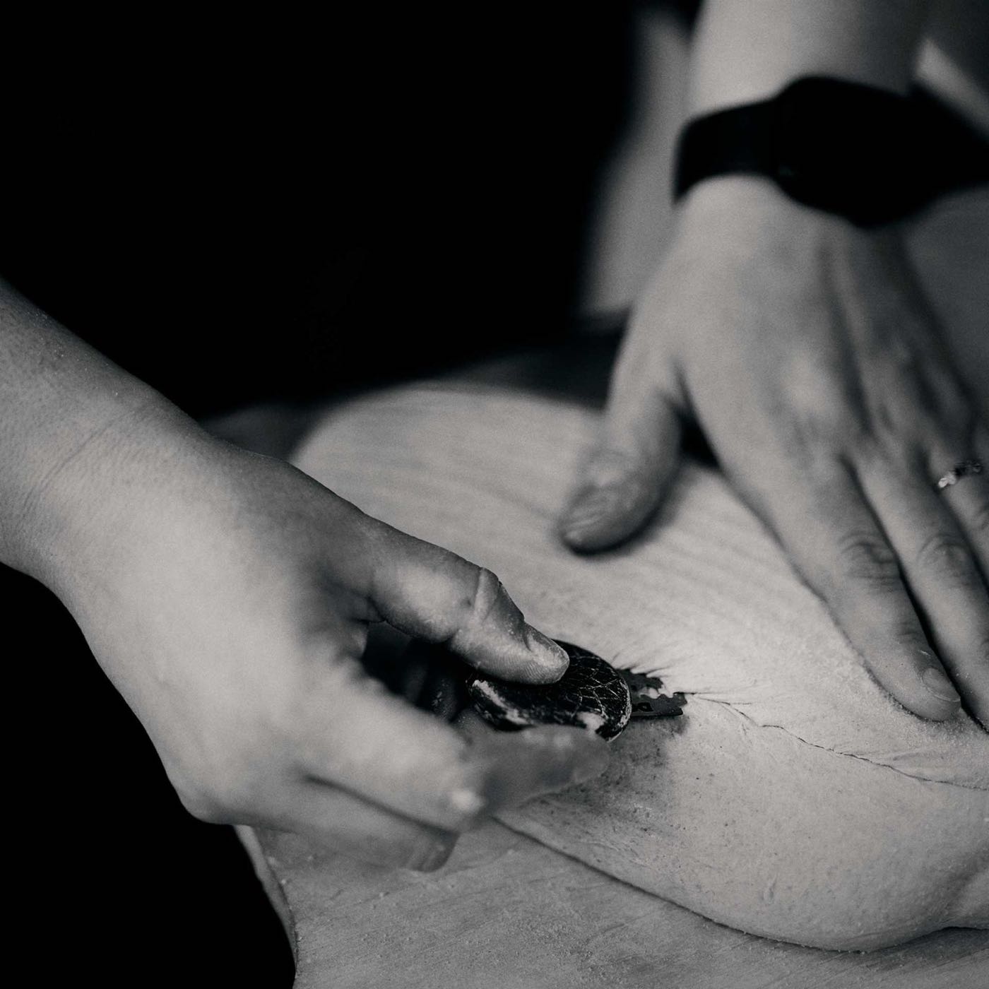 Bakery scene with artisan loaves and hands at work